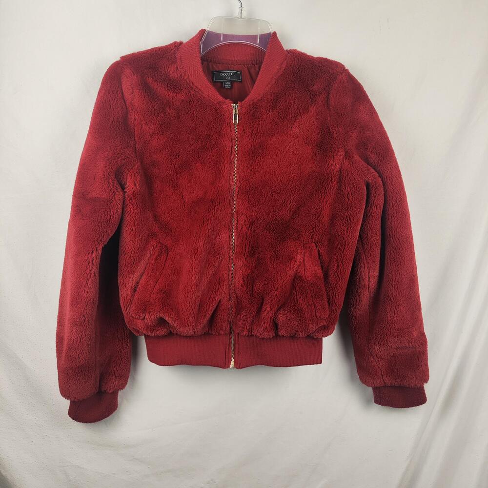 Chocolate Jacket Womens Small Red Faux Fur Fleece Bomber Full Zip Pockets Cozy